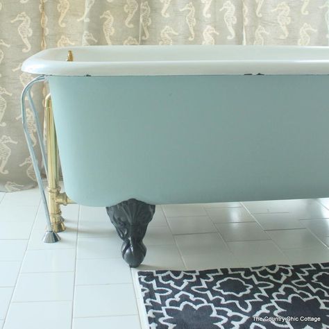 Click through for tips & tricks on painting a claw foot tub from Angie at Country Chic Cottage! || @Angie Countrychiccottage! Painting A Clawfoot Tub, Triangle Flag, Pennant Garland, Cabin Bathroom, Claw Foot Bath, Cast Iron Tub, Tub Time, Country Chic Cottage, Acrylic Bathtub