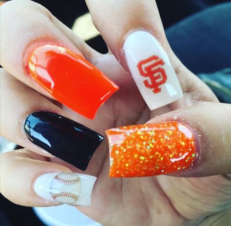 Giants Nails Baseball, San Francisco Giants Nails, Sf Giants Nails, Giants Nails, Teen Nail Designs, Baseball Nail Designs, Press On Nails Size, Baseball Nails, Sports Nails