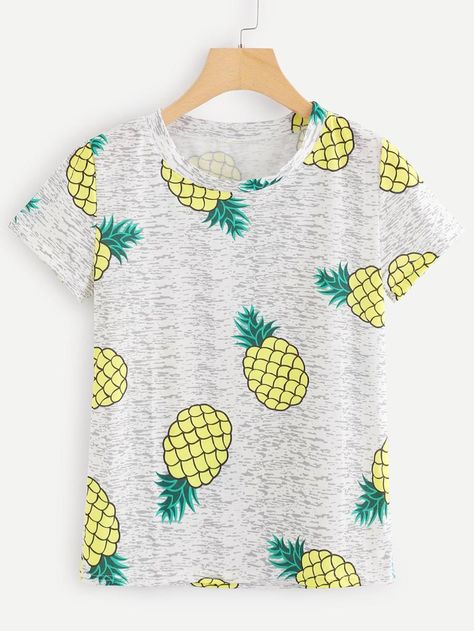 Pineapple Print Tee -SheIn(Sheinside) Pineapple Room, Funky Clothing, Printed Tee Women, Classy Rooms, Pretty Tops, Oreo Flavors, Upcycle Shirt, Casual Outfit Inspiration, Cat Lover Shirt