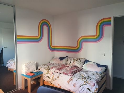 Vertical Rainbow Wall, Half Rainbow Painted Wall, 70s Wall Stripes Paint Ideas, Retro Wall Paint Stripes, 70s Stripe Wall, 70s Wall Mural, 70s Stripe Wall Mural, 70s Interior Design, Stripe Wall