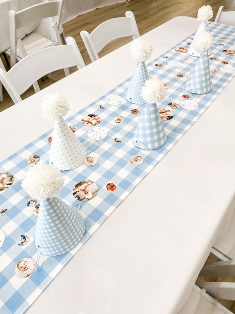 Classic First Birthday Boy, Blue And White Gingham Party, Blue Gingham Party Decor, Blue Gingham Farm Birthday Party, Blue Gingham Birthday Party, Classic Blue First Birthday, Classic Blue And White First Birthday, Blue Gingham Puppy Party, Gingham Party