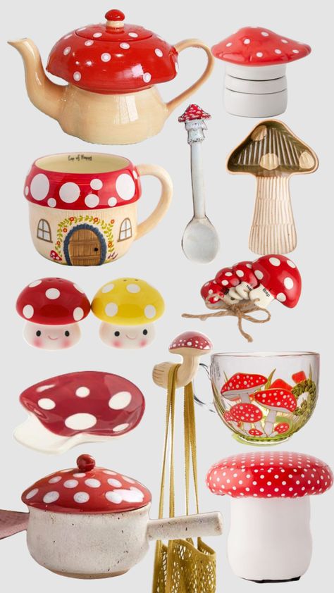 Mushroom kitchen decor World Market Mushroom, Mushroom Decor Aesthetic, Mushroom Themed Room Decor, Mushroom Things To Buy, Fairy Kitchen Decor, Fantasy Kitchen Decor, Mushroom Astethic Room, Vintage Mushroom Kitchen Decor, Mushroom Themed Room Aesthetic