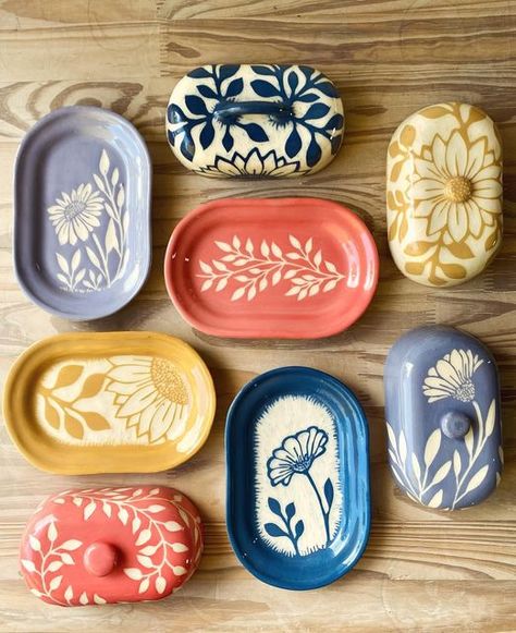 Handmade Ceramic Butter Dish, Handmade Butter Dish, Pottery Painting Butter Dish, Butter Dish Pottery Painting, Ceramic Butter Dish Handmade, Clay Butter Dish, Clay Dish Ideas, Mishima Ceramics, Ceramic Clay Art