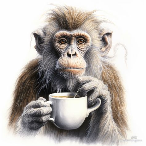 Monkey Coffee Drink, Animals Drinking Coffee, Drawing Of A Monkey, Monkey Coffee, Animal Intelligence, Coffee Cartoon, Jeep Ideas, Animal Conservation, Monkey Pictures