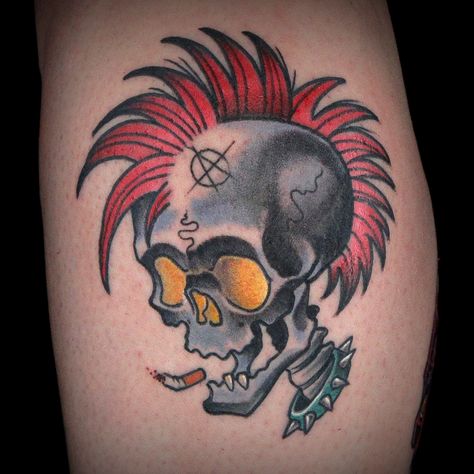 Mohawk Tattoo, Punk Skull Tattoo, Traditional Skull Tattoo Flash, Punk Tattoo Ideas, Cherry Tree Tattoos, Punk Tattoos, Marathon Tattoo, Traditional Tattoo Drawings, Punk Tattoo