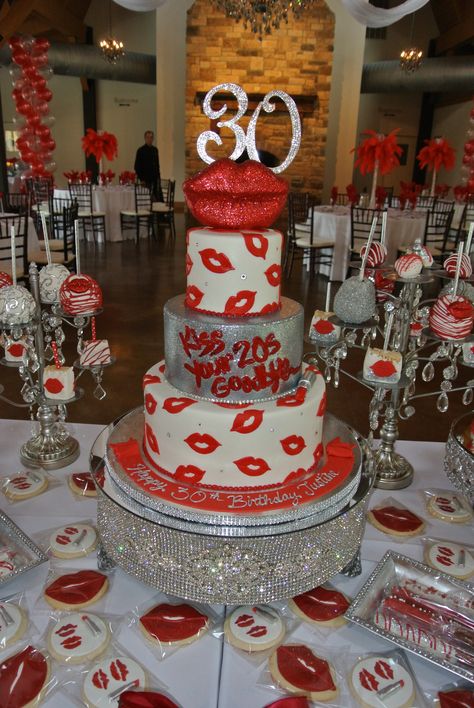 Kissing My 20s Goodbye Cake, Lip Party Theme, Kiss My 30s Goodbye, Kisses Party Theme, Lipstick Theme Party Ideas, Lips Party Theme, Kiss 20s Goodbye Party, Valentines Birthday Cake Ideas, Valentines 30th Birthday