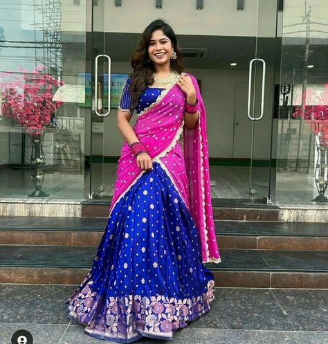 Ugadi Pictures, Half Saree Colour Combinations, Half Saree Lehenga Color Combinations, Pink Half Sarees, Cloth Designs, Best Indian Wedding Dresses, Long Blouse Designs, Latest Bridal Blouse Designs, Lehenga Design