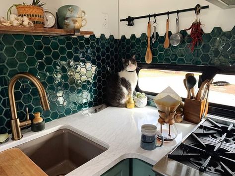 RVshare on Instagram: “I want to be in this kitchen right meow! 😻⠀ 📷@188sqft⠀ .⠀ .⠀ .⠀ .⠀ .⠀ #decorinspo #decorenvy #tinyhouse #vanconversion #digitalnomad…” Unique Rv Ideas, Unique Trailer Remodel, Cosy Rv Interior, Vintage Rv Decor, Rv Kitchen Color Schemes, Funky Rv Interiors, Witchy Camper Interior, Maximalist Rv Decor, Witchy Rv Remodel