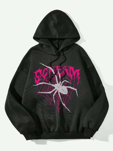 Casual Spider Web & Letter Print Drawstring Hooded Fleece Oversized Women Sweatshirt, Suitable For Autumn And Winter Black Casual  Long Sleeve Knitted Fabric Letter Pullovers Slight Stretch  Women Clothing, size features are:Bust: ,Length: ,Sleeve Length: Baggy Outfit Ideas, Marvel Clothes, Baggy Hoodie, Stylish Hoodies, Shoes Outfit Fashion, Women Sweatshirts, Seductive Clothes, Oversize Women, Lovely Clothes