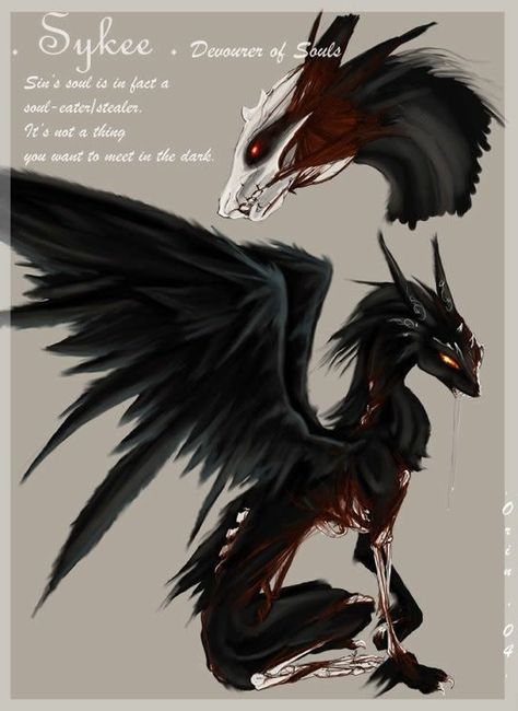 Sykee, Devourer of Souls, text, monster, black, wings, skeleton, bones, blood, red eyes, cool, demon, beast; Anime Creatures Demon Wolf, Creaturi Mitice, Mystical Animals, Dark Creatures, Mythical Animal, Fantasy Beasts, Creature Drawings, Fantasy Creatures Art, Fantasy Monster