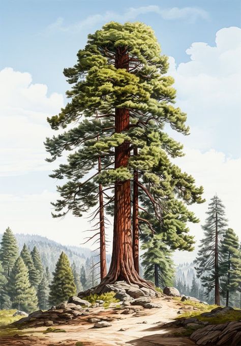 Giant sequoia, big mahogany, symbol of USA - AI generated image royalty free stock photography Sequoia Drawing, Redwood Tree Art, Sequoia Tree Illustration, Giant Sequoia Tree Drawing, Hiking California, Giant Redwood Trees, Giant Sequoia, Vector Png, Stock Photography Free