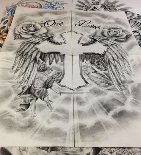 Kevin | Maingriz Tattoo Design Tattoo Angels, Chest Tattoo Sketches, Heaven Tattoos, Half Sleeve Tattoos Drawings, Chicano Style Tattoo, Chicano Art Tattoos, Cloud Tattoo, Cross Tattoo Designs, Angel Tattoo Designs