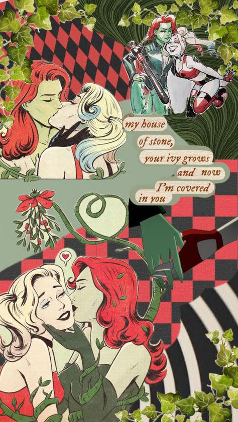 Spooky Lesbian Wallpaper, Harley Quinn Poison Ivy Wallpaper, Harley And Ivy Wallpaper, Lesbian Halloween Wallpaper, Harlivy Wallpaper, Queer Wallpaper Aesthetic, Lesbian Wallpaper, Harley Ivy, Random Theme