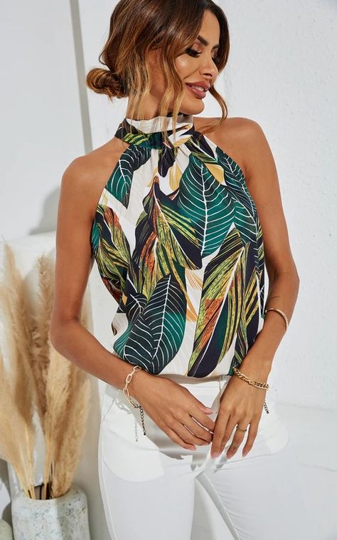 Leaf Print Halter Neck Tie Back Top In Green by FS Collection Halter Neck Tops, Bbq Garden, Tops For Summer, Tie Back Top, Off Shoulder Sweater, Summer Bbq, Halter Neck Top, Lightweight Tops, City Break