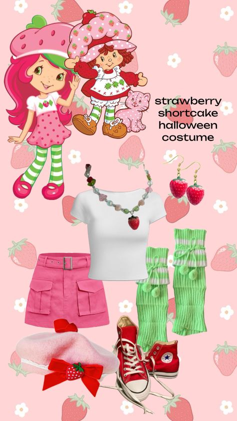 #strawberry #strawberryshortcake #outfitinspo #costume Womens Strawberry Shortcake Costume, Strawberry Shortcake Character Costumes, Strawberry Shortcake And Orange Blossom Halloween, Strawberry Shortcake Diy Costume, Strawberry Shortcake Costume Aesthetic, Strawberry Shortcake Costume Ideas, Strawberry Shortcake Costume Group, Strawberry Shortcake Costume Women, Strawberry Cosplay