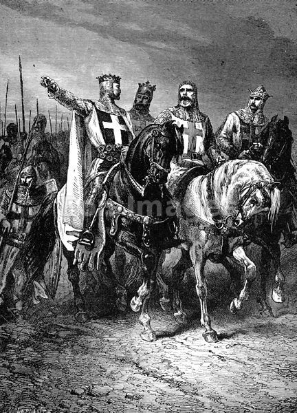 Leaders of First Crusade - 19th-century illustration, "The four leaders of the First Crusade.--Godfrey, Raymond, Boemund, Tancred," drawn by A. de Neuville. This illustration depicts Godfrey of Buillon, Raymond IV of Toulouse, Bohemond I and Tancred of Hauteville. The four led the Christian army to victories at Jerusalem and Antioch during the First Crusade. Godfrey Of Bouillon, First Crusade, Cowboy Artists, High Middle Ages, Late Middle Ages, Cowboy Art, Medieval Times, Medieval Knight, Medieval History