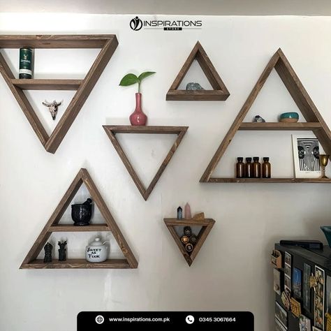 Transform your space with our stunning Wooden Decorative Design 6 Triangle Wall Shelf Set! Elevate your interior design with these stylish racks, perfect for displaying your favorite accessories and adding a touch of sophistication to any room. Contact us at 0330 600 0588 or visit our website inspirations.pk to order yours today. Location: A 028, Lane C, Midway Commercial A, Bahria Town, Karachi. #inspirationspk #woodtriangle #cavemanstyle #servingboards #charcuteries #woodendecoration #ha... Triangle Wall Shelf, Weathered Gray Stain, Triangle Shelves, Bahria Town Karachi, Gray Stain, Geometric Shelves, Triangle Shelf, Triangle Wall, Bahria Town