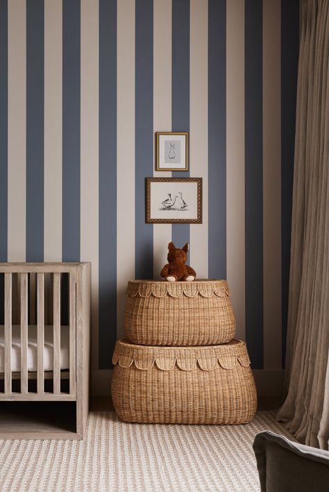 Swirling Wind — Bide Studio | Interior Design by Sarah Killam Blue Stripe Wall, Striped Nursery Walls, Coastal Themed Nursery, Baby Boy Nursery Colorful, Boy Room Interior Design, Blue Crib Nursery, Studio Buchanan, Fun Nursery Ideas, Boys Toddler Room