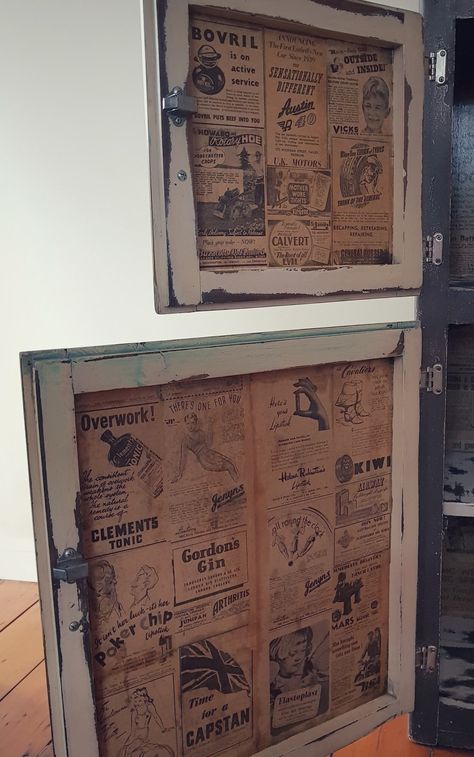 Decoupaged original 1940's newspaper advertisements....onto the inside of a vintage retro kitchen cabinet doors. Decoupage Doors Ideas, Decoupage Cabinet Doors, Retro Kitchen Cabinets, Gordon's Gin, Cabinet Door Ideas, Warehouse Living, Sell My House, Kitchen Cabinet Doors, Vintage Cabinets