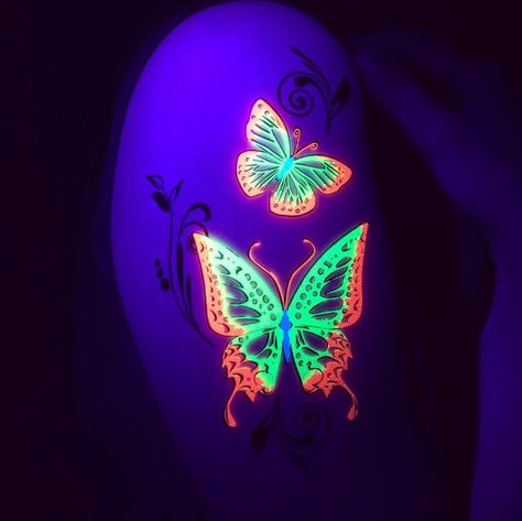 Glow Butterflies in the dark Neon Tattoo #tattoo #tattoos #smalltattoos #amazingtattoo #beautifultattoos #watercolorTattoo #InspirationalTattoos #ArtTattoo #NeonTattoo Uv Butterfly Tattoo, Glow In The Dark Tattoo Ideas, Neon Tattoos, Glow In The Dark Tattoo, Uv Tattoos, Glow Tattoo, Black Light Tattoo, Butterfly Name Tattoo, Neon Tattoo