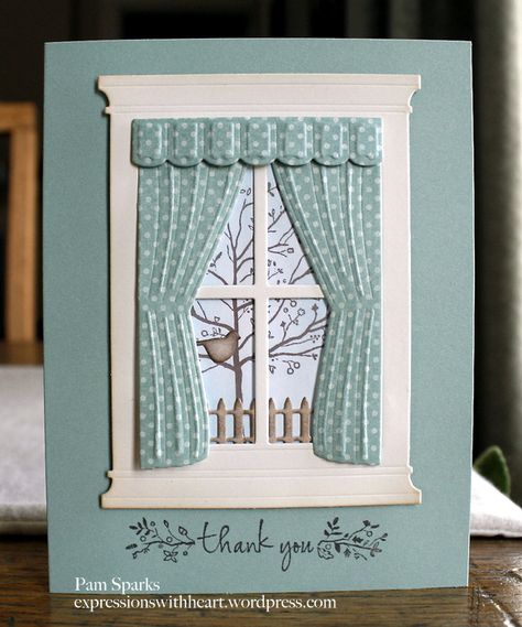 handmade window card ... inside looking out ... lovely curtains and valance ... Winter scene outside ... Memory Bpx dies ... House Cards, Memory Box Cards, Memory Box Dies, Spring Window, New Home Cards, Hand Made Greeting Cards, Window Cards, Frame Card, Making Greeting Cards