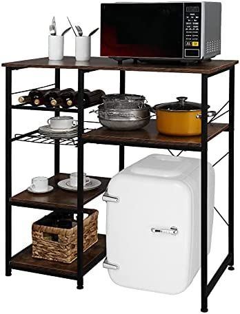 Amazon.com - VINGLI Microwave Stand 4-Tiers Kitchen Storage Fit Mini Fridge Baker’s Rack Shelving Utility Coffee Bar with Big Drawer Wine Rack Metal Frame Industrial Workstation Organizer Kitchen Decor - Standing Baker's Racks Wine Rack Metal, Mini Fridge Stand, Kitchen Utility Cart, Industrial Workstation, Kitchen Microwave, Baker's Rack, Microwave Stand, Metal Wine Rack, Microwave In Kitchen