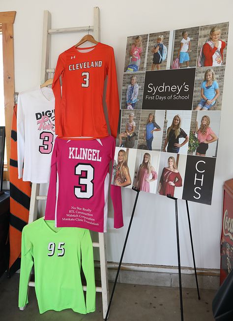 Jersey Display For Grad Party, Sport Graduation Party Ideas, How To Display Jerseys At Graduation, Dance Graduation Party, Uniform Display Ideas, Volleyball Graduation Party Ideas, Sports Jersey Display, 2enior Ye4r, Painted Overalls