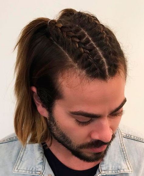 Double Braid Hairstyle For Men French Braids Men, Ponytail Hairstyles For Men, Mens Ponytail Hairstyles, Man Ponytail, Braid Styles For Men, Double French Braids, Braids Styles, Double Braid, Braided Ponytail Hairstyles