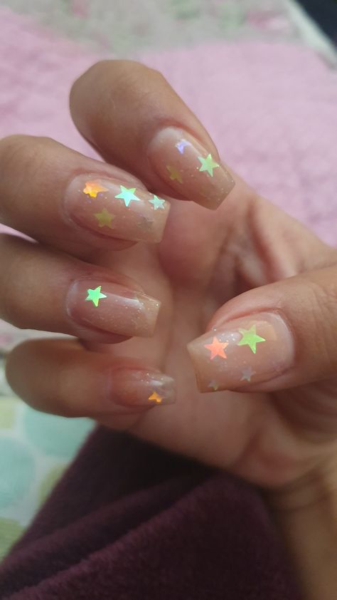 Star Decal Nails, Fairy Aesthetic Nails Short, Star Sequin Nails, Star Sticker Nails, Clear Nails With Stars, Color Star Nails, Clear Star Nails, Yellow Star Nails, Star Glitter Nails