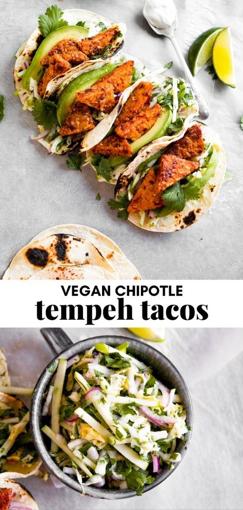 Chipotle Tempeh Tacos with Green Apple Slaw Green Apple Slaw, Tempeh Tacos, Marinated Tempeh, 30 Minute Meals Healthy, Vegan Chipotle, Tempeh Recipes, Apple Slaw, Sweet And Spicy Sauce, Vegetarian Tacos