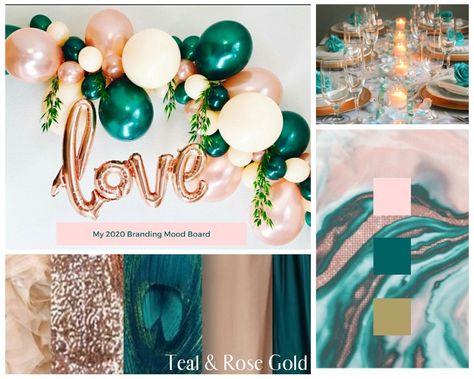 Sweet 16 Party Color Schemes, Anniversary Party Color Schemes, 50th Anniversary Color Schemes, Environmental Art Drawing, Rose Gold And Teal Wedding Theme, Engagement Party Color Schemes, 30th Birthday Color Scheme, Teal And Rose Gold Wedding Decorations, Teal And Rose Gold Wedding Color Schemes