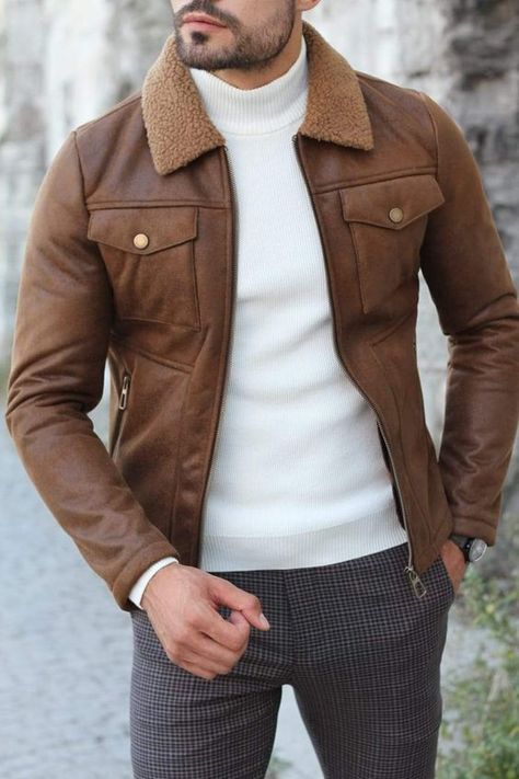 Men Jacket Fashion, Leather Coat For Men, Brown Leather Jacket Men, Stil Masculin, Leather Jackets For Men, Fur Leather Jacket, Leather Jacket Style, Mens Casual Dress Outfits, Slim Fit Jackets