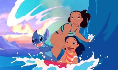 Disney's Lilo & Stitch: Stitch, Lilo and Nani surfing The Cartoon, Little Mermaid, Cartoon Character, The Little Mermaid, Surfing, Mermaid, Disney, Water