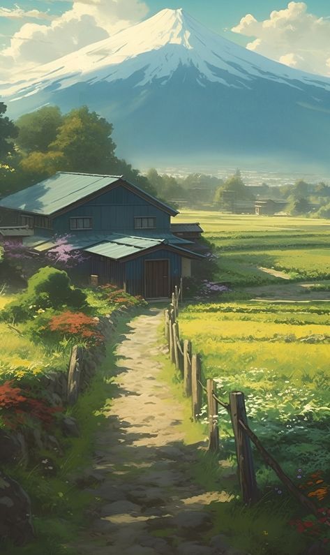 Anime Countryside Aesthetic, Anime Countryside Wallpaper, Anime Sunny Day Background, House Countryside Aesthetic, Japanese Countryside House Aesthetic, Japan Countryside Houses, Bright Sunny Day Aesthetic Wallpaper, Japanese Countryside Wallpaper, Bright Anime Wallpaper