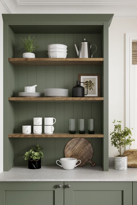 Green Kitchen Cupboards, Howdens Chilcomb, Coffee Table Arrangment, Green Country Kitchen, Wall Mounted Kitchen Shelves, Kitchen Cupboard Colours, Downstairs Kitchen, Olive Green Kitchen, Green Kitchen Walls