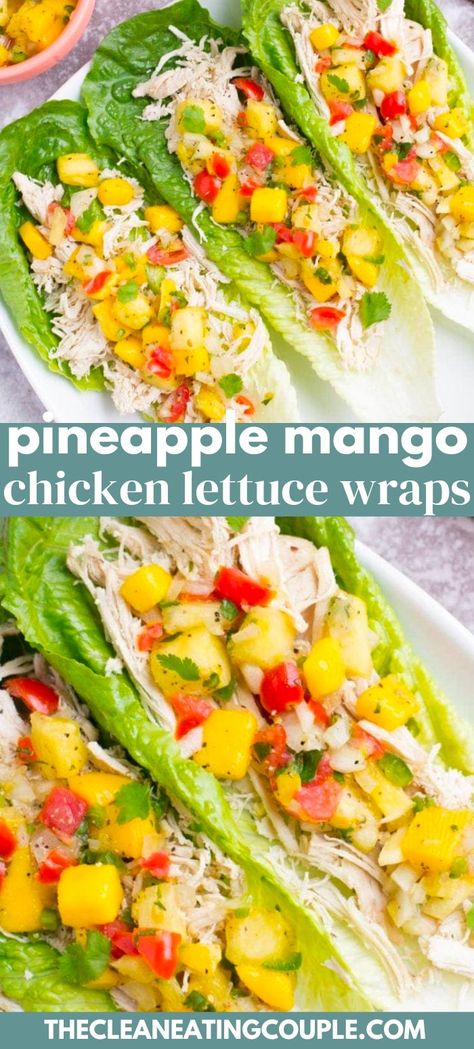 Pineapple Mango Salsa Chicken Lettuce Wraps are the perfect lighter meal. These lettuce wraps are completely gluten free, paleo, whole30 and so delicious! Made in under 20 minutes, these wraps are fresh and packed with flavor, perfect for an outdoor summer dinner with friends. Pineapple Mango Salsa, The Clean Eating Couple, Clean Eating Couple, Mango Salsa Chicken, Salat Wraps, Lettuce Wraps Healthy, Chicken Lettuce Wraps Recipe, Easy Whole 30 Recipes, Mango Chicken