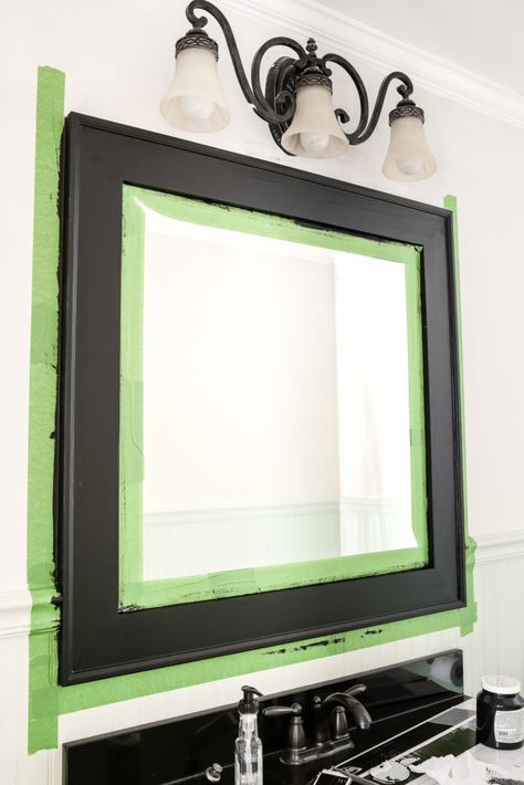 Dry Brushed Black Mirror Makeover | blesserhouse.com - A plain, white painted bathroom mirror gets a high-drama weathered makeover with black paint and dry brushing. (Tutorial) Painting Bathroom Mirror Frame, Repainting Mirror Frame, Plain Mirror Makeover, Painted Bathroom Mirror, White Painted Bathroom, Mirror Frame Painting Ideas, Mirror Frame Makeover, Paint A Mirror Frame, Chalk Paint Mirror