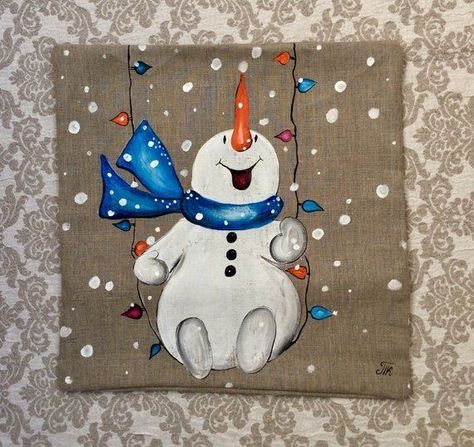 Snowman Pillow, Christmas Paintings On Canvas, Outdoor Christmas Tree, Christmas Blue, Christmas Rock, Snowman Painting, Holiday Painting, Snow Christmas, Christmas Canvas