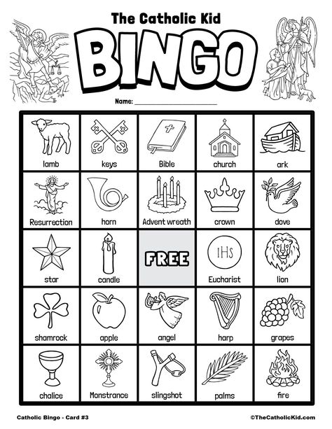 Free Printable Catholic Bingo Game Cards - TheCatholicKid.com Third Grade Lesson Plans, Sunday School Worksheets, Catholic Kids Activities, Bible Timeline, Jesus Coloring Pages, Bingo For Kids, Catholic Education, Advent Activities, Page Flip