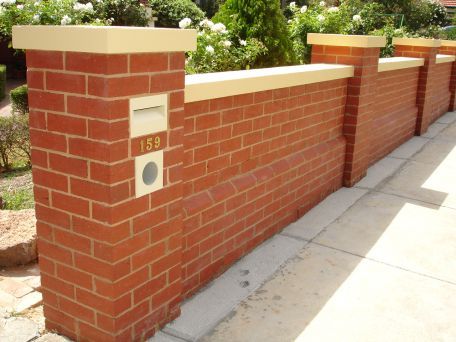 red brick fence with capping stone Brick Wall With Fence On Top, Wall With Fence On Top, Red Brick Fence, Coping Stones, Entrance Gates Driveway, Brick Works, Red Brick Walls, Garden Walls, Brick Fence