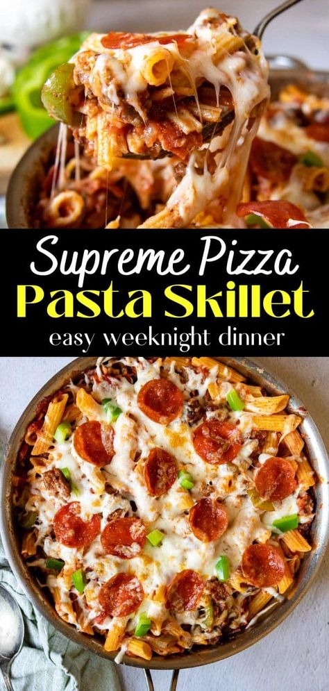 Supreme Pizza Pasta Skillet (Quick & Easy) Supreme Pizza Pasta Casserole, Skillet Sausage Pasta, One Pot Pizza Pasta Bake, Italian Skillet Dinner, Dump And Bake Pizza Pasta Casserole, Pizza Pasta Skillet, Breakfast Sausage Pasta, Supreme Pizza Pasta Bake, One Skillet Pasta Meals