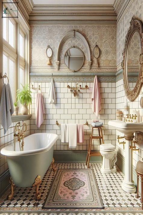 Best 40 Vintage Bathroom Idea With Retro Decor Bathroom Inspiration Vintage, Pink Bathroom Inspiration, Modern Victorian Decor Bathroom, Vintage Clawfoot Tub Bathroom, Bridgerton Bathroom, Clawfoot Tub Ideas, Vintage Vanity Bathroom, Bathroom Decor Victorian, Antique Style Bathroom