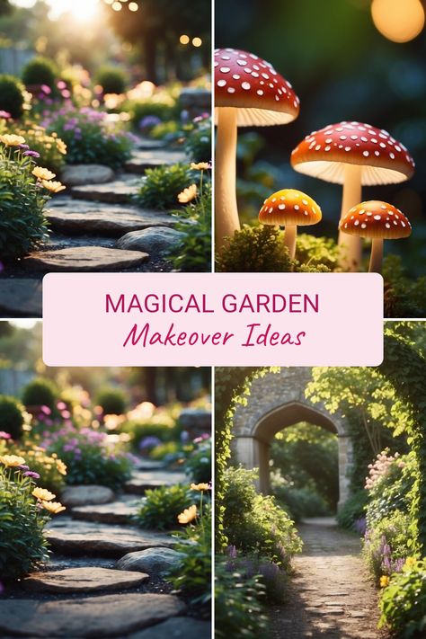 Want to change your outdoor space into a dreamy garden? Discover charming magical garden makeovers that will sweep you off your feet! Picture glowing toadstools lighting the way and secret stone paths winding through colorful flowers. Whether it's a small corner or a big backyard, you can turn any space into a fairyland. This guide is packed with enchanting ideas that promise to add a sprinkle of whimsy to your gardening adventures. Ready for some enchanting transformations? Dig in and start your very own magical garden! Secret Garden Aesthetic Beautiful, Mystical Garden Ideas, Alice In Wonderland Garden Ideas, Garden Makeover Ideas, Beer Garden Ideas, Stone Paths, Alice In Wonderland Garden, Mystical Garden, Garden Archway