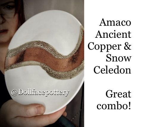 Amaco ancient copper is brushed on in the middle of a salad plate then Amaco snow celadon is brushed on the sides overlapping the ancient copper in the middle just a little bit, about 1/2 cm. Amaco Snow Combinations, Celadon Snow Glaze Combinations, Amaco Snow, Ancient Copper Glaze, Amaco Ancient Copper, Snow Glaze Combinations, Amaco Snow Glaze Combinations, Ancient Copper Glaze Combinations, Amaco Brent