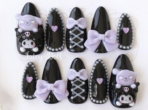 Pastel Goth Nails, Kuromi Nails, Cute Kuromi, Witchy Nails, Fake Nails Designs, Punk Nails, Nail Time, Anime Nails, Cute Nail Art Designs