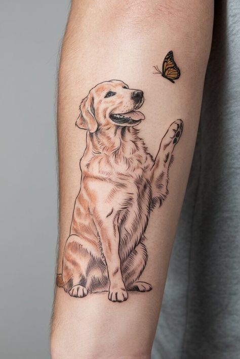 Dog With Butterfly Tattoo, Fine Line Cute Tattoo, Line Animal Tattoo, Small Dog Tattoo Ideas, Line Dog Tattoo, Simple Dog Tattoos, Fine Line Dog Tattoo, Golden Retriever Tattoo, Phoenix Back Tattoo