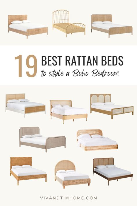 19 Best Rattan Beds for a Boho Bedroom (2024) - VIV & TIM Rattan Bed Frame, Rattan Bedroom, Bedroom 2024, Modern Boho Bedroom, Cane Bed, Guest Bedroom Design, Rattan Bed, Rattan Headboard, Bedding Inspiration