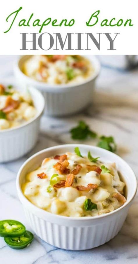 Jalapeño Bacon Hominy is ULTIMATE comfort food. This easy to make super creamy white cheddar hominy is loaded with bacon and jalapeño for extra flavor and heat. Perfect side dish! Hominy Recipes, Jalapeño Bacon, House Of Yumm, Jalapeno Bacon, Corn Dishes, Stuffed Jalapenos With Bacon, Quick Dinners, Corn Recipes, White Cheddar