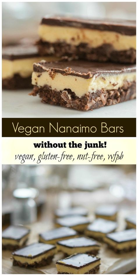 Vegan Nanaimo Bars, made much healthier, as well as gluten-free and optionally nut-free. Better than the original with decadent flavor! Healthy Vegan Dessert, Cheesecake Vegan, Coconut Dessert, Nanaimo Bars, Plant Based Desserts, Brownie Desserts, Cake Vegan, Vegan Christmas, Dessert Bar