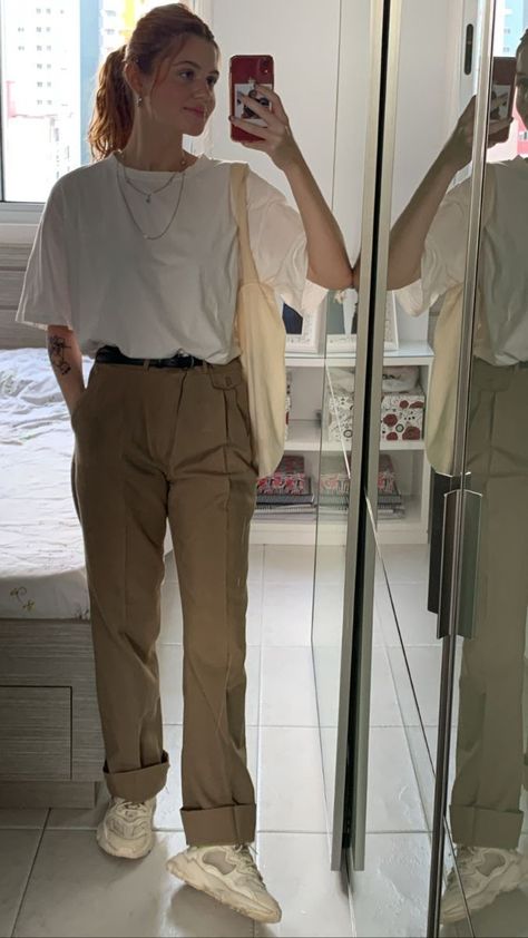 Loose White Polo Outfit Women, Khaki Pants Polo Shirt Outfit Women, Outfits With Tan Dress Pants, Pant And Tshirt For Women, Loose Shirt And Jeans Outfit, Brown Yoga Pants Outfit Aesthetic, Loose Pants And Shirt Outfit, Trousers And Polo Shirt Women, Khaki Pants Outfit Midsize